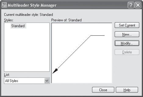 Окно Multileader Style Manager (Диспетчер стилей мультивыноски)