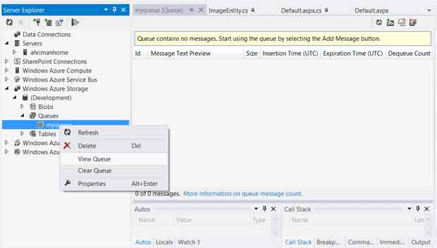 Доступ к сущностям, хранящимся в очереди Windows Azure Storage из Visual Studio Server Explorer