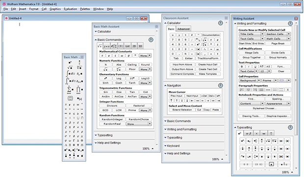 Скриншот открытых окон запущенного приложения Mathematica. В зафиксированный момент на экране присутствуют главное меню, окно ввода, и окна палитр функций