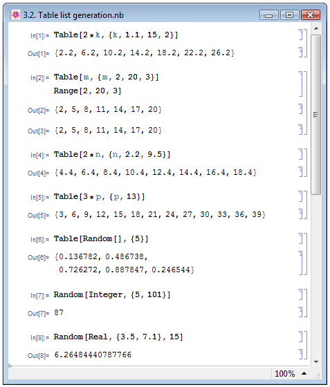 Задание списков при помощи функции Table
