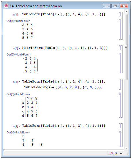 Способы представления списков при помощи функций TableForm и MatrixForm