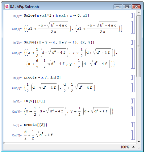 Решение алгебраических уравнений при помощи функции Solve