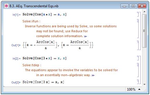 Решение трансцендентных уравнений при помощи функции Solve