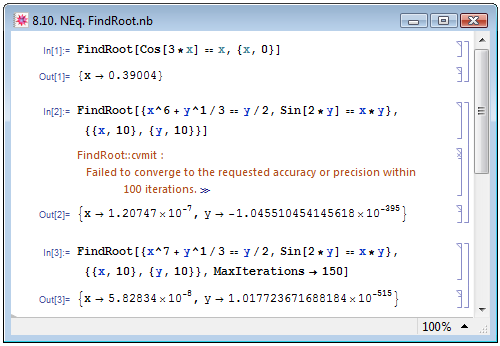 Нахождение корня уравнения при помощи функции FindRoot