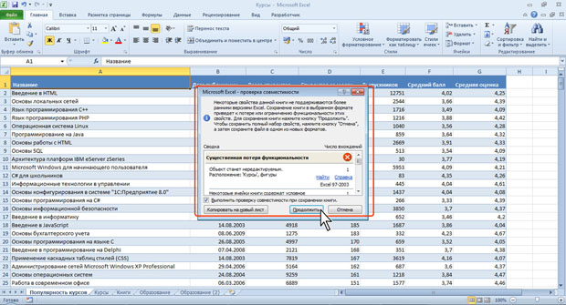 Сводка проверки совместимости документа с предыдущими версиями Excel