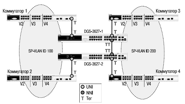 Схема подключения клиентских VLAN к сети провайдера услуг