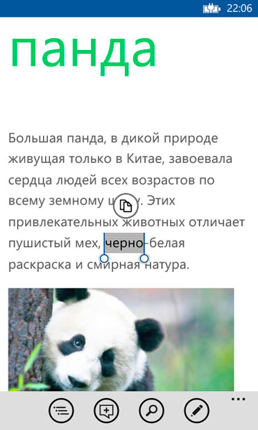 Типичный интерфейс приложения для Windows Phone 8, мобильная версия Microsoft Word