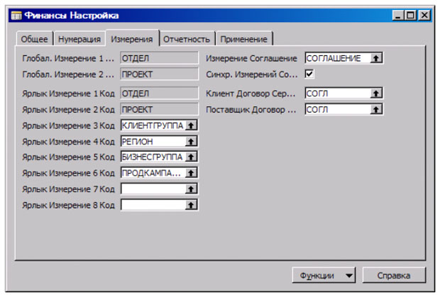 Окно "Финансы Настройка", закладка "Измерения"