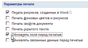 Установка флажка обновлять поля перед печатью