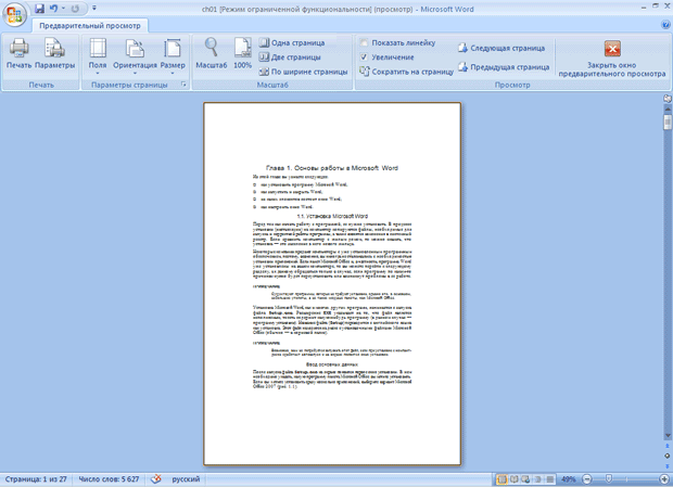 Окно Microsoft Word в режиме Предварительный просмотр