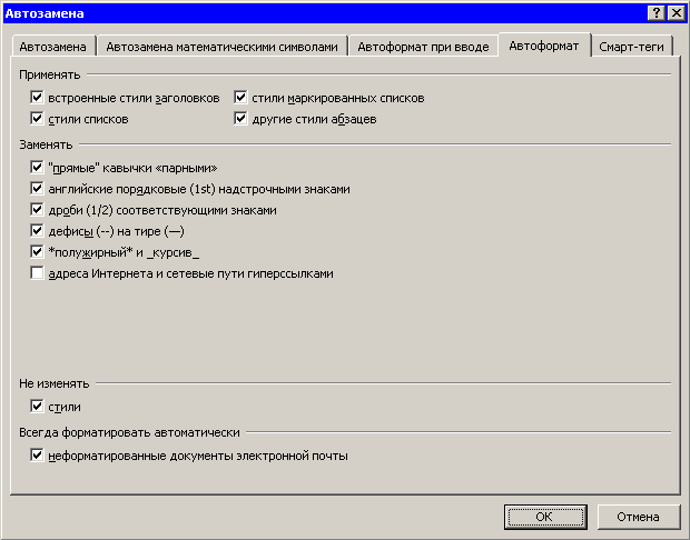 Диалоговое окно Автозамена, вкладка Автоформат