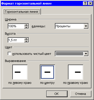 Окно Формат горизонтальной линии