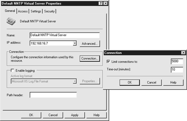 Нажмите на кнопку Connection (Подключение) на вкладке General (Общие), чтобы установить пределы подключений для NNTP-сервера