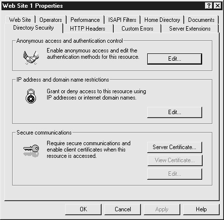 Используйте вкладку Directory Security (Безопасность каталога) окна Web Site Properties (Свойства веб-узла) для создания CSR