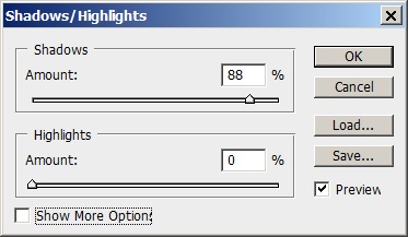 Стандартные настроечные средства команды Shadow/Highlight