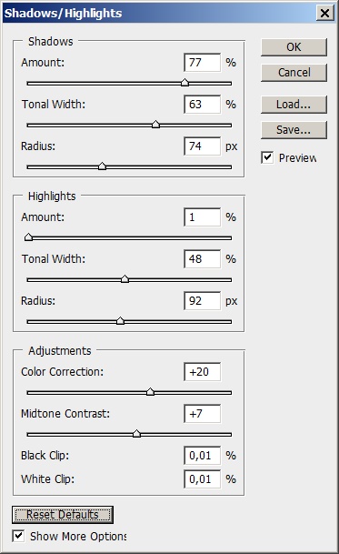 Настройки команды Shadow/Highlight