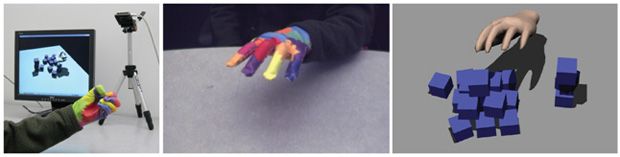 Демонстрирование работы системы, которая реконструирует руку на основе руки одетой в маркированную перчатку