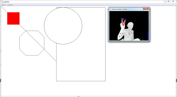 Результат работы программы: отображение геометрических фигур на основе распознанных жестов