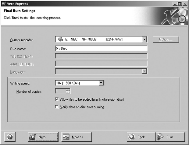 Окно Final Burn Settings