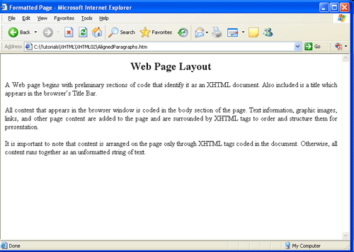 Страница Web, форматированная с помощью выравнивания параграфов