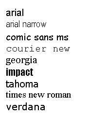 Типичные виды шрифтов ПК (arial, arial narrow, comic sans ms, courier new, georgia, impact, tahoma, times new roman, verdana)