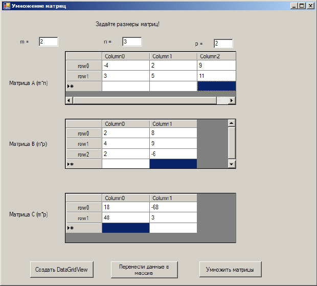 Форма с элементами DataGridView, поддерживающая работу с матрицами