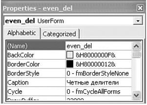 Окно свойств объекта UserForm