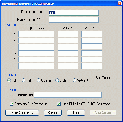 Диалоговое окно (незаполненное) Screening Experiment Generator (Генератор отсеивающего эксперимента)