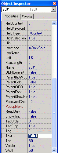 Окно Object Inspector с свойствами поля редактирования Edit1