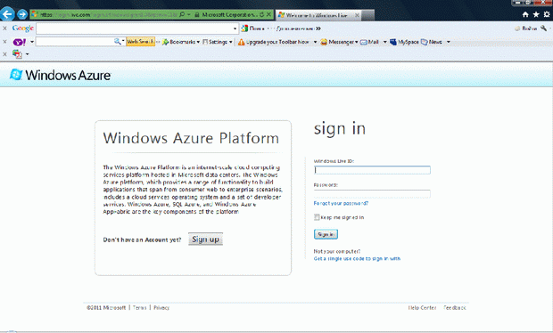 Вход в систему Windows Azure