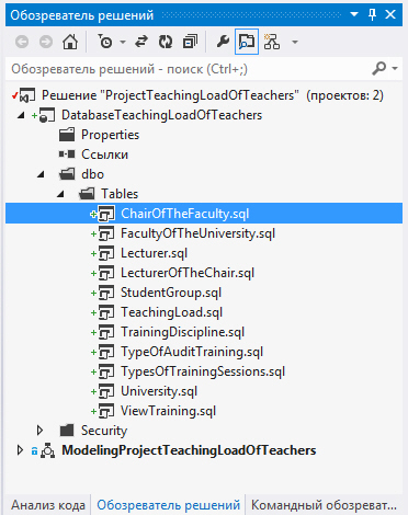 Отображение таблиц базы данных в обозревателе решений