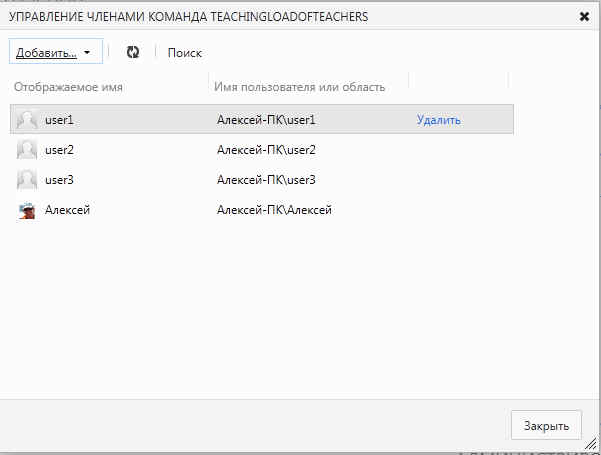 Диалоговое окно УПРАВЛЕНИЕ ЧЛЕНАМИ КОМАНДА TEACHINGLOADOFTEACHERS