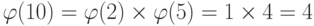 \varphi (10) = \varphi (2) \times \varphi (5) = 1 \times 4 = 4