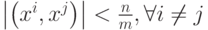 \left| {\left( {x^i ,x^j } \right)} \right| < \frac{n}{m},\forall i \ne j