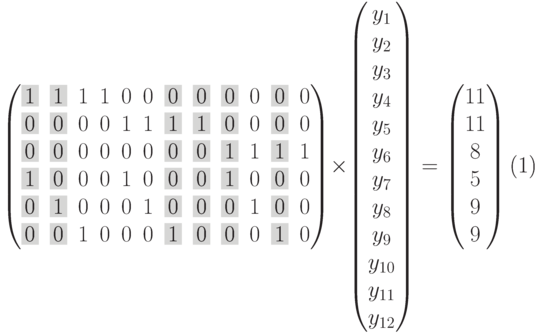 \begin{equation}
\setcounter{MaxMatrixCols}{20}
\begin{pmatrix}
\colorbox[gray]{0.8}1 & \colorbox[gray]{0.8}1 & 1 & 1 & 0 & 0 & \colorbox[gray]{0.8}0 & \colorbox[gray]{0.8}0 & \colorbox[gray]{0.8}0 & 0 & \colorbox[gray]{0.8}0 & 0 \\
\colorbox[gray]{0.8}0 & \colorbox[gray]{0.8}0 & 0 & 0 & 1 & 1 & \colorbox[gray]{0.8}1 & \colorbox[gray]{0.8}1 & \colorbox[gray]{0.8}0 & 0 & \colorbox[gray]{0.8}0 & 0 \\
\colorbox[gray]{0.8}0 & \colorbox[gray]{0.8}0 & 0 & 0 & 0 & 0 & \colorbox[gray]{0.8}0 & \colorbox[gray]{0.8}0 & \colorbox[gray]{0.8}1 & 1 & \colorbox[gray]{0.8}1 & 1 \\
\colorbox[gray]{0.8}1 & \colorbox[gray]{0.8}0 & 0 & 0 & 1 & 0 & \colorbox[gray]{0.8}0 & \colorbox[gray]{0.8}0 & \colorbox[gray]{0.8}1 & 0 & \colorbox[gray]{0.8}0 & 0 \\
\colorbox[gray]{0.8}0 & \colorbox[gray]{0.8}1 & 0 & 0 & 0 & 1 & \colorbox[gray]{0.8}0 & \colorbox[gray]{0.8}0 & \colorbox[gray]{0.8}0 & 1 & \colorbox[gray]{0.8}0 & 0 \\
\colorbox[gray]{0.8}0 & \colorbox[gray]{0.8}0 & 1 & 0 & 0 & 0 & \colorbox[gray]{0.8}1 & \colorbox[gray]{0.8}0 & \colorbox[gray]{0.8}0 & 0 & \colorbox[gray]{0.8}1 & 0 \\
\end{pmatrix}
\times
\begin{pmatrix}
y_1\\y_2\\y_3\\y_4\\y_5\\y_6\\y_7\\y_8\\y_9\\y_{10}\\y_{11}\\y_{12}
\end{pmatrix}
=
\begin{pmatrix}
11\\11\\8\\5\\9\\9
\end{pmatrix}
\end{equation}