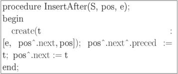 \formula{
\t{procedure InsertAfter(S,
pos, e)};\\
\t{begin}\\
\mbox{}\q {\rm create}(\t{t}: [\t{e},\ \t{pos}\t{\^{}}.{\rm next}, \t{pos}]);\
\t{pos}\t{\^{}}.{\rm next}\t{\^{}}.{\rm preced} := \t{t};\
\t{pos}\t{\^{}}.{\rm next} := \t{t}\\
\t{end};
}