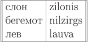 \begin{tabular}{||l|l||}
\hline
слон & zilonis\\
бегемот & nilzirgs\\
лев & lauva\\
\hline
\end{tabular}