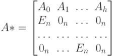 A*=
\left [
\begin {matrix}
A_0&A_1& \dots & A_h\\
E_n& 0_n & \dots &0_n\\
\dots & \dots & \dots & \dots \\
0_n & \dots & E_n & 0_n
\end {matrix}
\right ] 