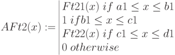 AFt2(x):=\begin{array}{|lc} 
Ft21(x)\; if\; a1\le x \le b1\\
1\; if b1 \le x \le c1 \\
Ft22(x)\; if\; c1\le x \le d1  \\
0\; otherwise 
\end{array}