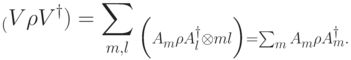 \Tr_\calF(V\rho{}V^\dagger) = \sum_{m,l} \Tr_\calF\Bigl( A^{\ms}_m\rho{}A_l^\dagger\otimes \ket{m}\bra{l} \Bigr) = \sum_{m} A^{\ms}_m\rho{}A_m^\dagger.