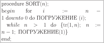 \formula{
\t{procedure SORT}(n);\\
\t begin\ \t{for}\ i:= n - 1\
\t downto\ 0\
\t do\ \t{ПОГРУЖЕНИЕ}\ (i);\\
\mbox{}\q \t while\ n > 1\
\t do\ \{{\rm tr} (1, n);\
n:= n - 1;\ \t{ПОГРУЖЕНИЕ} (1)\}\\
\t end;
}
