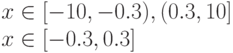 x\in [-10,-0.3),(0.3,10]\\x\in[-0.3,0.3]