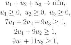 \begin{gathered}
u_1 + u_2 + u_3 \to \min,\\
u_1 \ge 0,\ u_2 \ge 0,\ u_3 \ge 0,\\
7u_1 + 2 u_2 + 9 u_3 \ge 1,\\
2 u_1 + 9u_2 \ge 1,\\
9u_1 + 11 u_3 \ge 1,
\end{gathered}