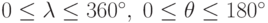 0\le\lambda\le 360^{\circ}, \; 0\le\theta\le 180^{\circ}