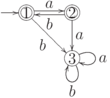 \objectwidth={5mm} \objectheight={5mm} \let\objectstyle=\scriptstyle
\xymatrix {
  *=[o][F=]{1}
 \ar @`{+/l16mm/} [] ^{}
 \ar  "1,2" <0.6mm> ^{a}
 \ar  "2,2"  _{b}
& *=[o][F=]{2}
 \ar  "1,1" <0.6mm> ^{b}
 \ar  "2,2"  ^{a}
\\
  %
& *=[o][F-]{3}
 \rloop{1,0} ^{a}
 \rloop{0,-1} ^{b}
}