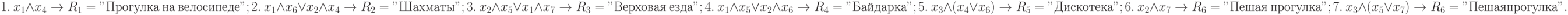 1.\  x_1 \land x_4  \to R_1 = "Прогулка\ на\ велосипеде";\\
2.\  x_1 \land x_6 \lor x_2 \land x_4 \to R_2 = "Шахматы";\\
3.\  x_2 \land x_5 \lor x_1 \land x_7 \to R_3 = "Верховая\ езда";\\
4.\  x_1 \land x_5 \lor x_2  \land x_6 \to R_4 = "Байдарка";\\
5.\  x_3  \land (x_4 \lor x_6) \to R_5 = "Дискотека";\\
6.\  x_2  \land x_7 \to R_6 = "Пешая\ прогулка";\\
7.\  x_3  \land (x_5 \lor x_7) \to R_6 = "Пешая прогулка".