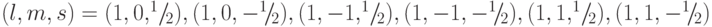 (l,m,s) = (1,0, ^1\!/\!_2), (1,0, -^1\!/\!_2), (1,-1, ^1\!/\!_2), (1,-1, -^1\!/\!_2), (1,1, ^1\!/\!_2), (1,1, -^1\!/\!_2)