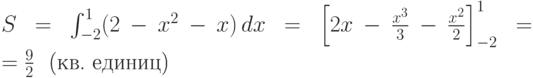 S=\int_{-2}^{1} (2-x^2-x)\,dx = \Bigl[2x-\frac {x^3}{3}-\frac {x^2}{2}
\Bigr]^1_{-2} = \frac 92
  \ \ \text{(кв.\ единиц)}