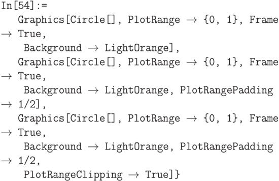 \tt
In[54]:=\\
\phantom{In\{}{Graphics[Circle[], PlotRange $\to$ \{0, 1\}, Frame $\to$ True, \\
\phantom{In\{G}Background $\to$ LightOrange], \\
\phantom{In\{}Graphics[Circle[], PlotRange $\to$ \{0, 1\}, Frame $\to$ True, \\
\phantom{In\{G}Background $\to$ LightOrange, PlotRangePadding $\to$ 1/2], \\
\phantom{In\{}Graphics[Circle[], PlotRange $\to$ \{0, 1\}, Frame $\to$ True, \\
\phantom{In\{G}Background $\to$ LightOrange, PlotRangePadding $\to$ 1/2, \\
\phantom{In\{G}PlotRangeClipping $\to$ True]\}
