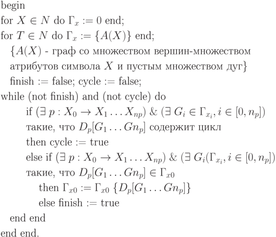 \begin{align*}
&\text{begin} \\
&\text{for $X \in N$ do $\Gamma_x := 0$ end;}\\
&\text{for $T \in N$ do $\Gamma_x := \{A(X) \}$ end;}\\
&\text{\; \;$\{A(X)$ - граф со множеством вершин-множеством }\\ 
&\text{\; \;атрибутов символа $X$ и пустым множеством дуг\}}\\
&\text{\; \;finish := false; cycle := false;}\\
&\text{while (not finish) and (not cycle) do}\\
&\text{\; \; \; \; if ($\exists  \; p  :  X_0$ $\rightarrow  X_1  \ldots  X_{np} ) \; \& \; (\exists \; G_i  \in  \Gamma_{x_i}  , i \in [0, n_p] ) $ } \\
&\text{\; \; \; \; такие, что $D_p[G_1 \ldots Gn_p] $ содержит цикл}\\
&\text{\; \; \; \; then cycle := true}\\
&\text{\; \; \; \; else if ($\exists  \; p  :  X_0$ $\rightarrow  X_1  \ldots  X_{np} ) \; \& \; (\exists \; G_i  (  \Gamma_{x_i}  , i \in [0, n_p] ) $ } \\
&\text{\; \; \; \;  такие, что $D_p[G_1 \ldots Gn_p] \in \Gamma_{x0}$}\\
&\text{\; \; \; \; \; \; then $\Gamma_{x0}:=\Gamma_{x0} \; \{D_p[G_1 \ldots Gn_p]\}$}\\
&\text{\; \; \; \; \; \; else finish := true}\\
&\text{\; \;end end}\\
&\text{end end.}\\
\end{align*}